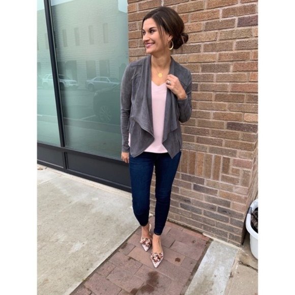 BlankNYC Asymmetrical Zip Drape Front Faux Suede Jacket NWT Small Silver Grey - Picture 2 of 7